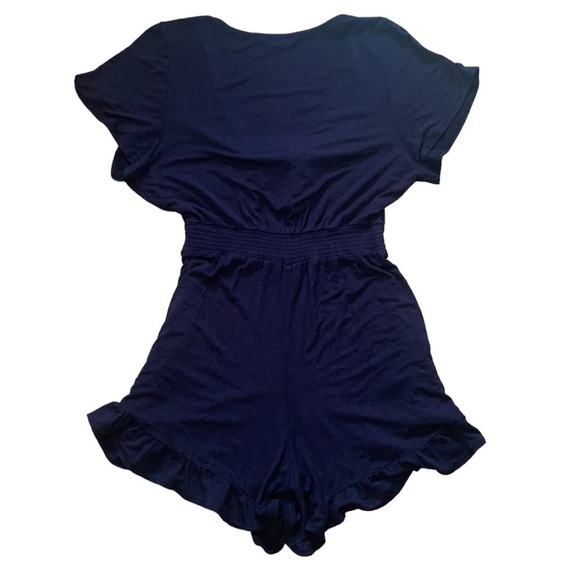 Tie Front Romper Ruffled Hem Navy with Pockets Size M - Picture 3 of 6